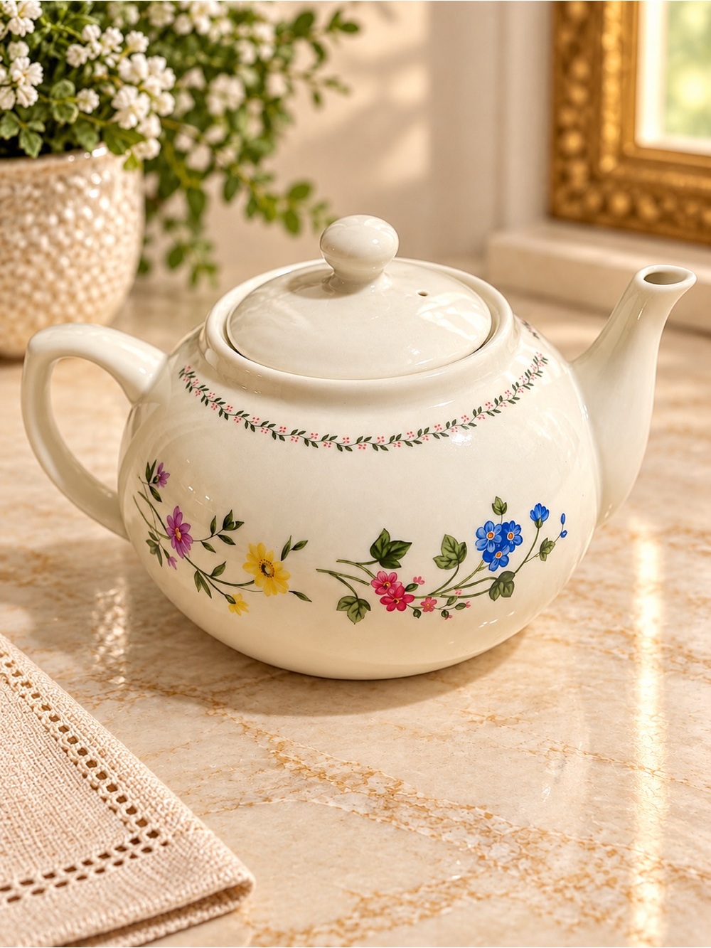 Cream Ceramic Teapot with Multicolor Floral Pattern